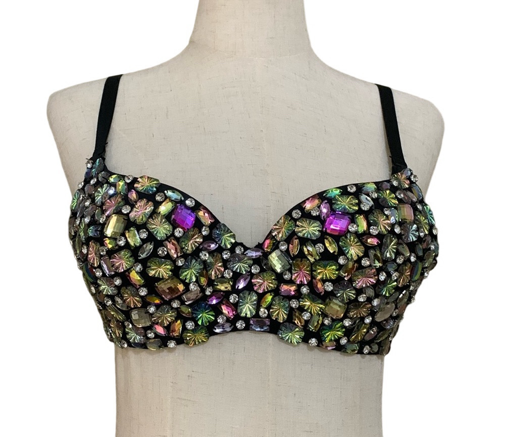 Rhinestone Gem Stones Push‎ Up Bra Top Black Multicolor Iridescent Festival XS
